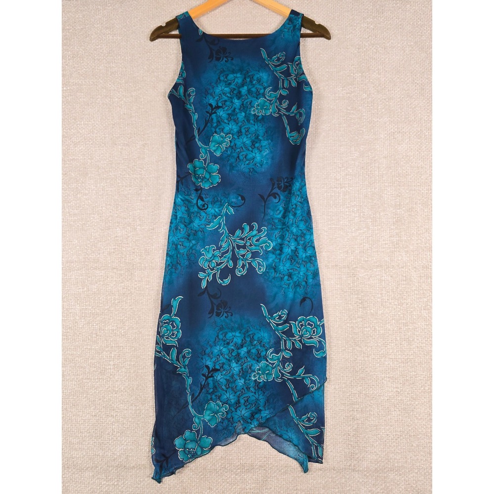 Vintage‎ Byer Too Dress Womens Medium Blue Floral Mesh Asymmetrical Y2K Made USA
